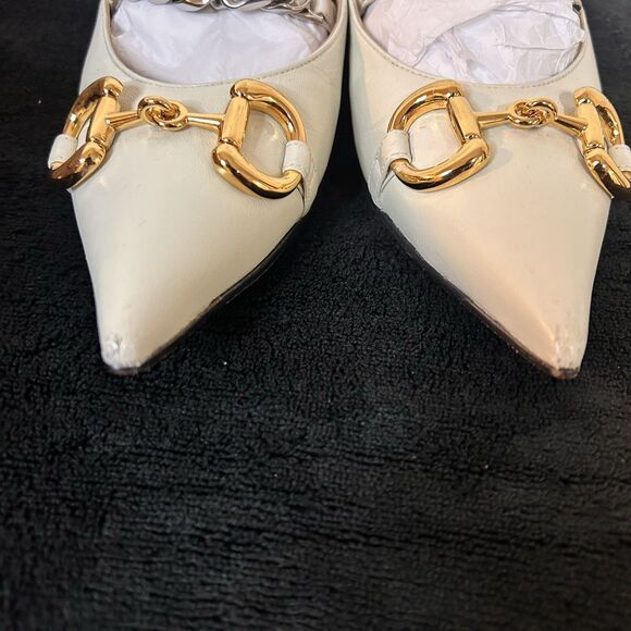 Gucci Deva Horsebit Chain Pointed Toe Flats White Leather Sz 36 US 6 Box - Picture 5 of 10
